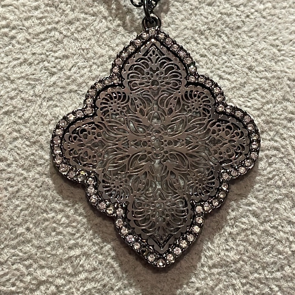 Intricate Silver Necklace  Ornate Pendant Arabesque Venetian Window Gunmetal